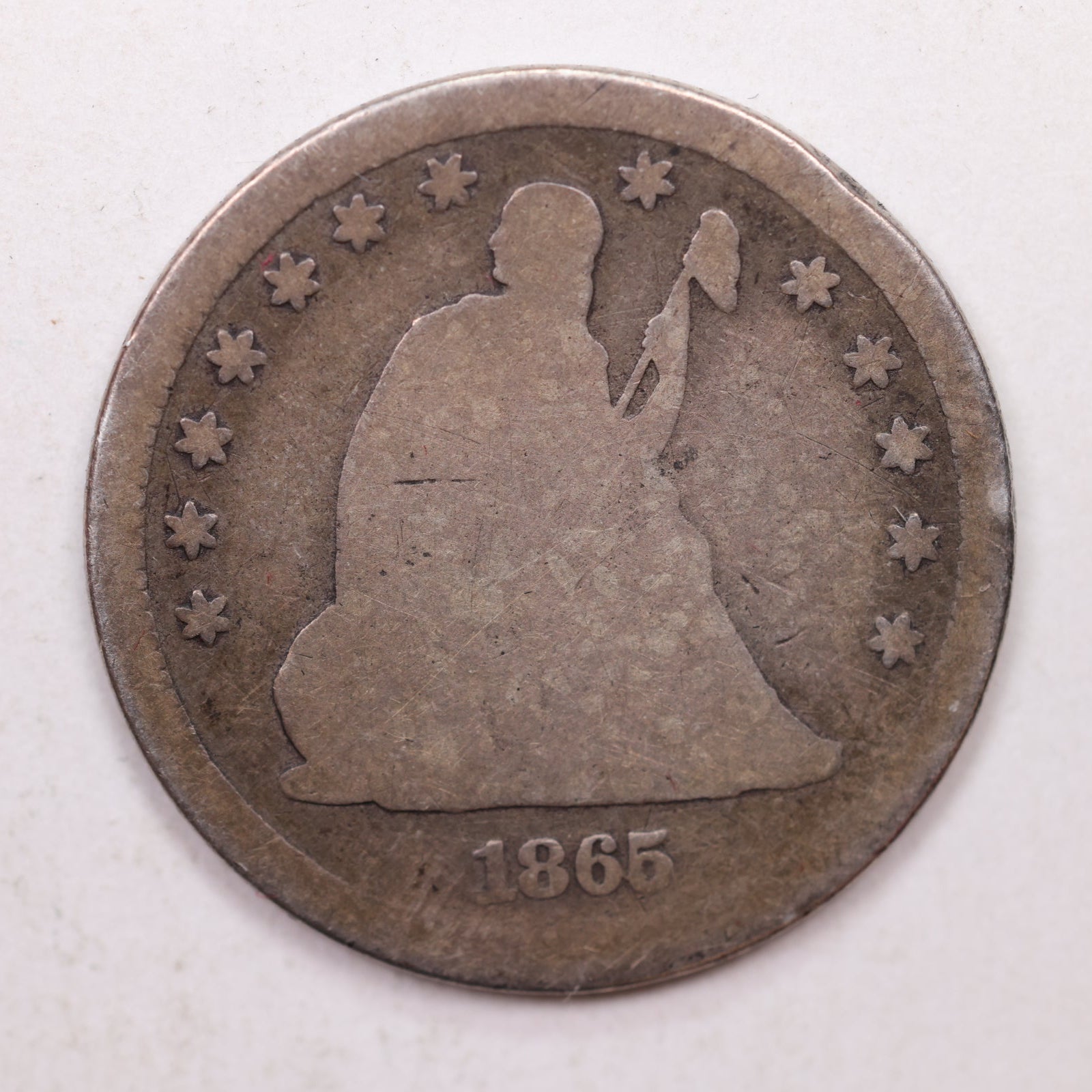 1865 Seated Liberty Quarter, Good, Circulated Coin, Store Sale #QR790.