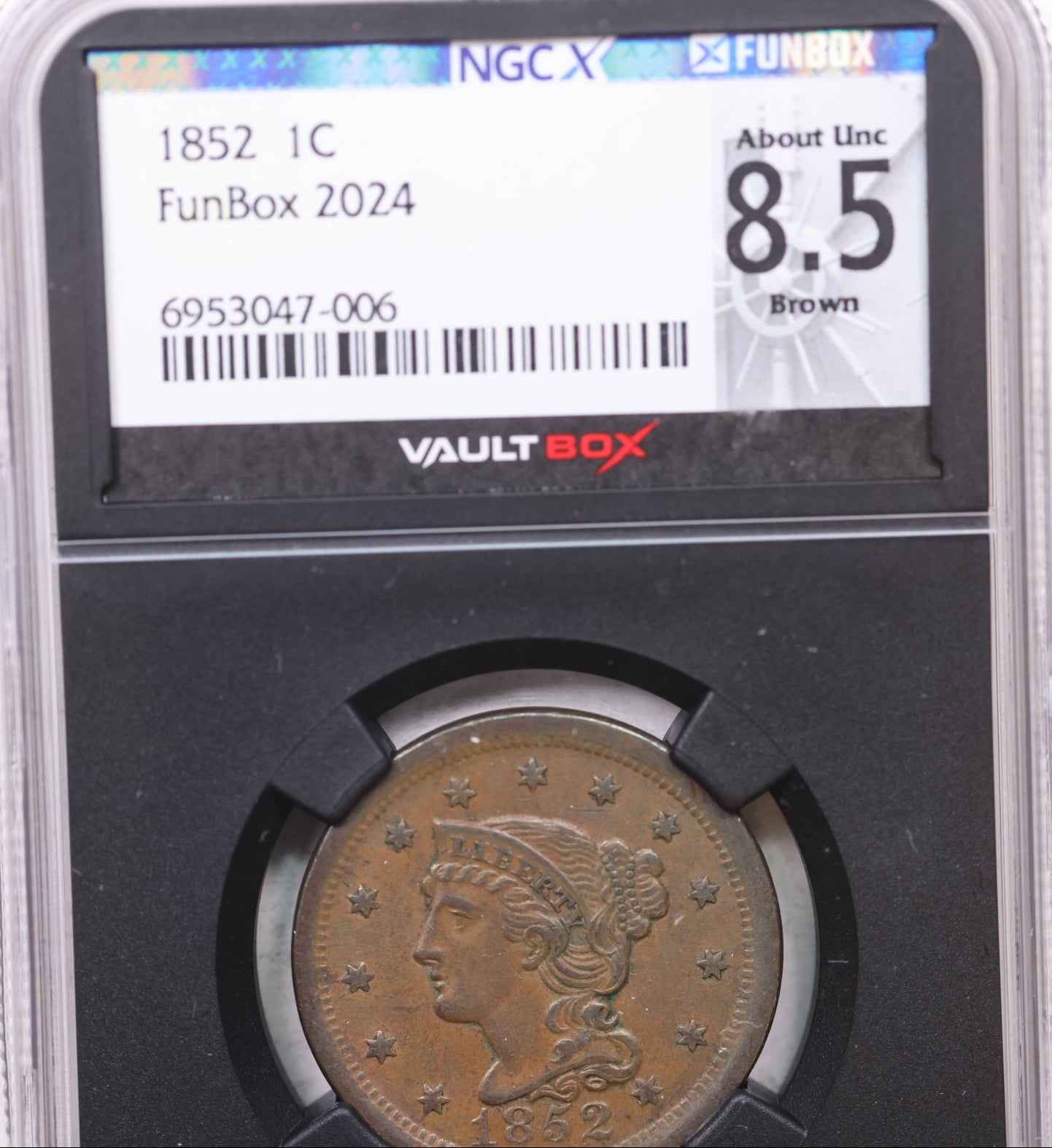 1852 Braided Hair Large Cent, NGCX Certified 8.5, About Uncirculated, Store CT0004