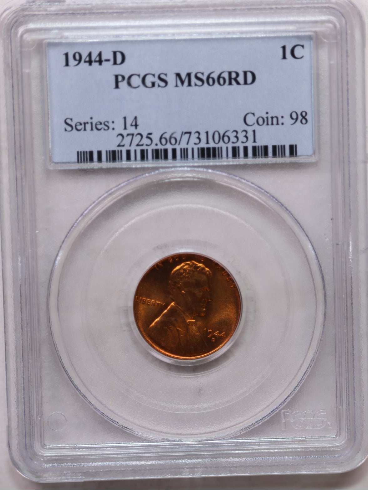 1944-D Lincoln Wheat Cents, PCGS MS66 RED, Uncirculated Coin, Store #GCT0004.