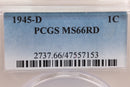 1945-D Lincoln Wheat Cent, PCGS Certified MS-66, Red., Store