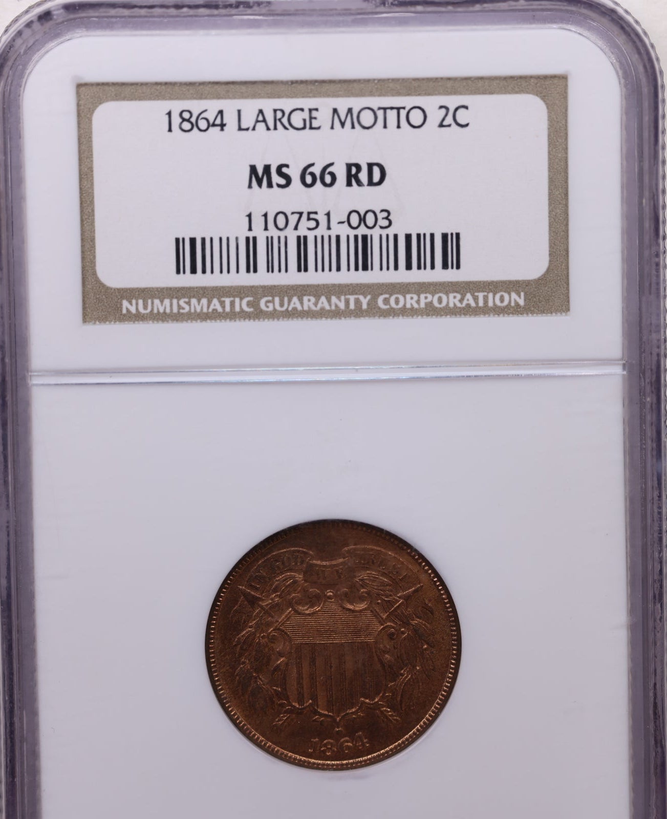 1864 Two Cent Piece, Large Motto, PCGS MS-66 RED, Nice Eye Appeal. Store #G2C003.