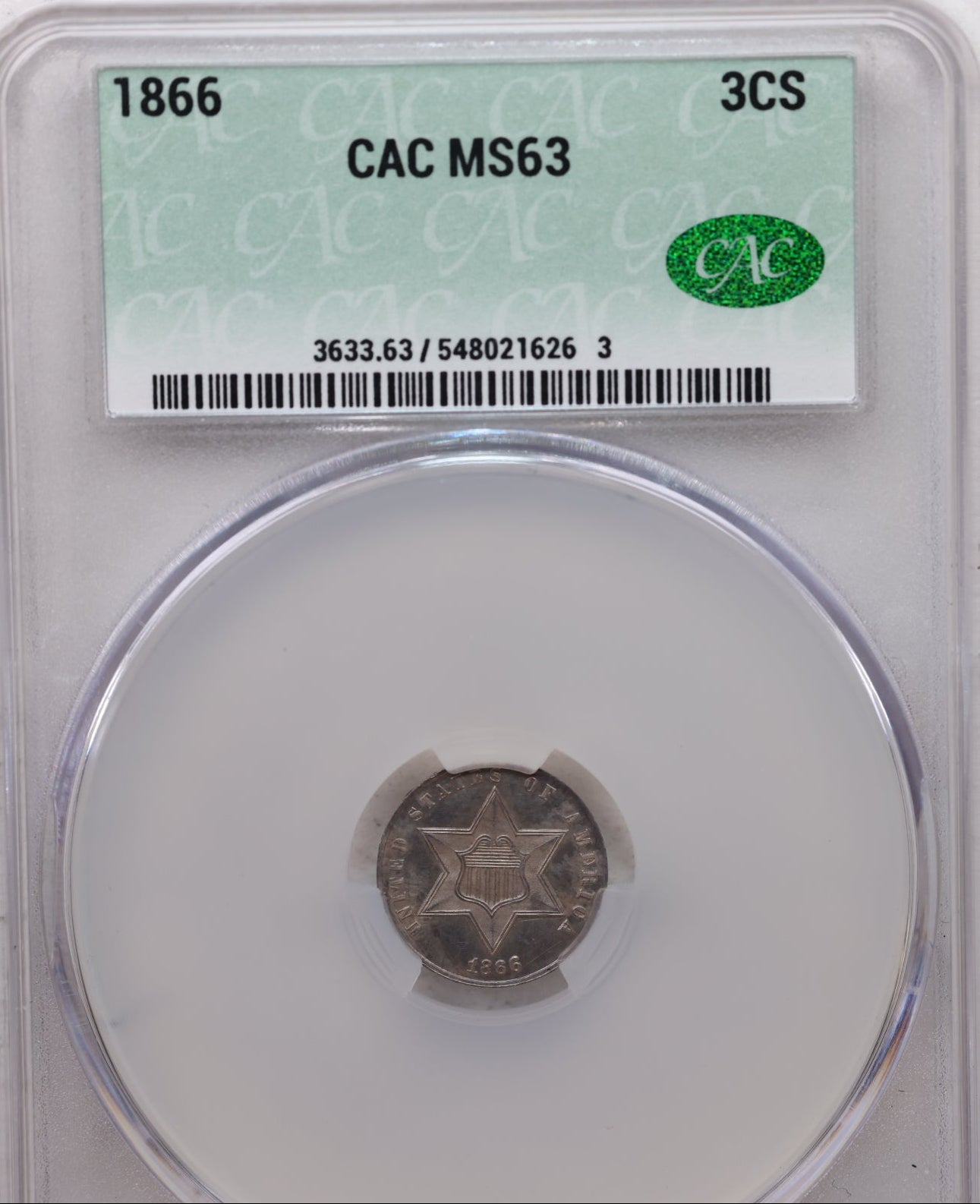 1866 Three Cent Silver, 'Tryme', CAC Grading MS-63, Store SALE #3CR001