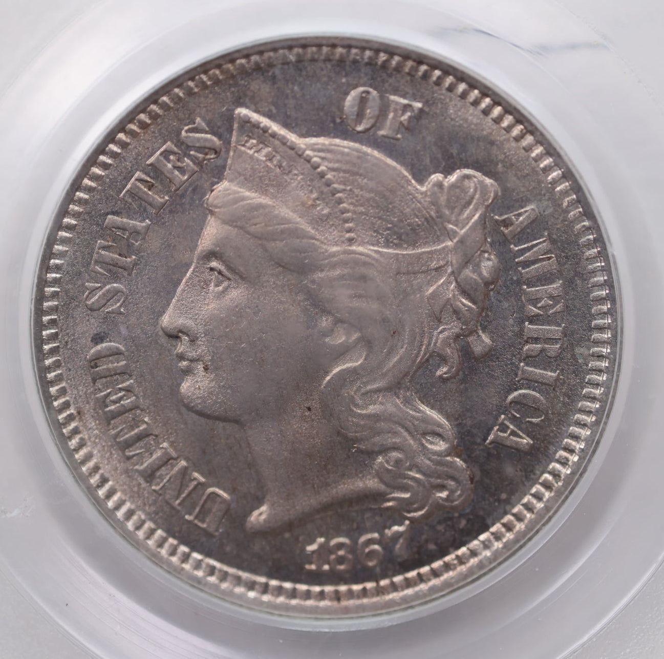 1867 Three Cent Copper Nickel., Uncirculated., PCGS MS-64, Store #3C0003