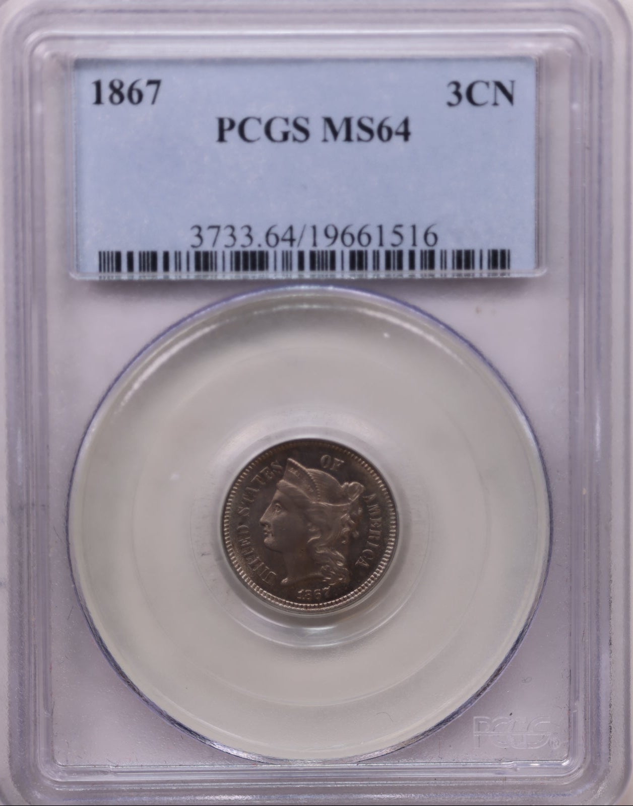 1867 Three Cent Copper Nickel., Uncirculated., PCGS MS-64, Store #3C0003
