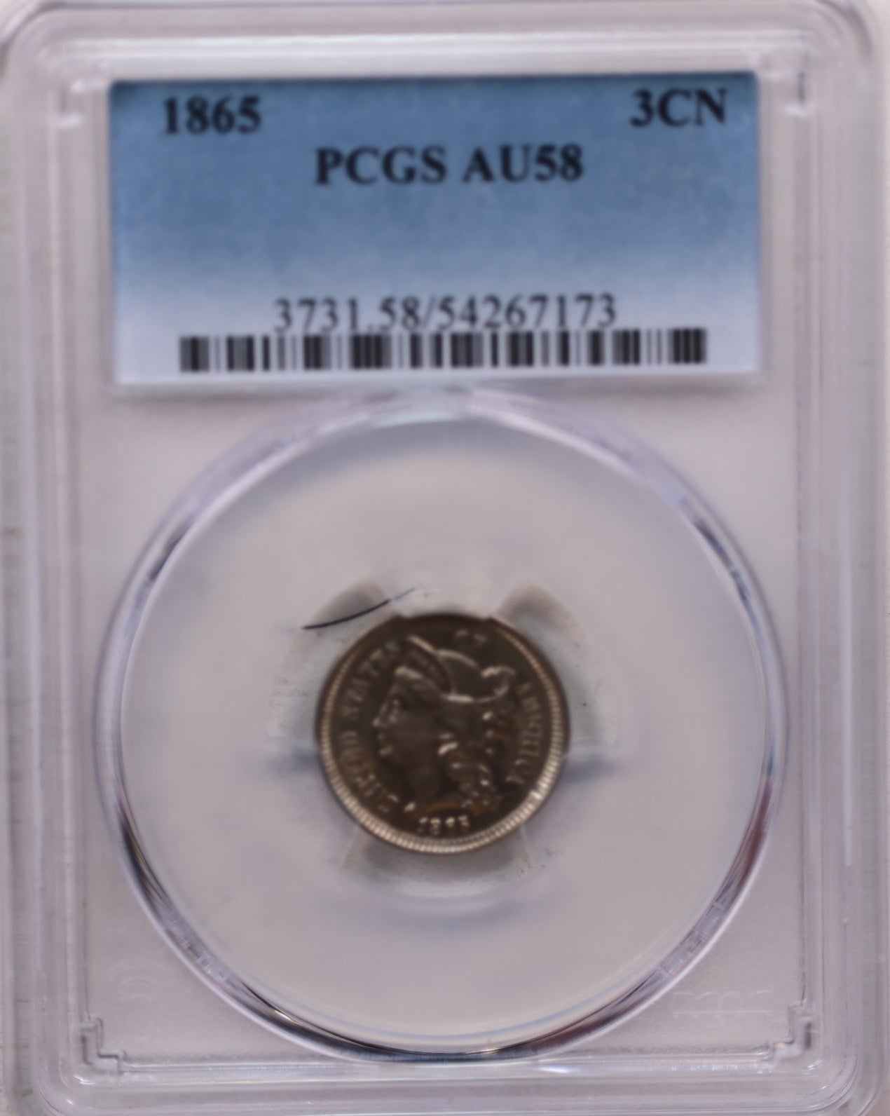 1865 Three Cent Copper Nickel., Uncirculated., PCGS AU-58, Store #3C0004.