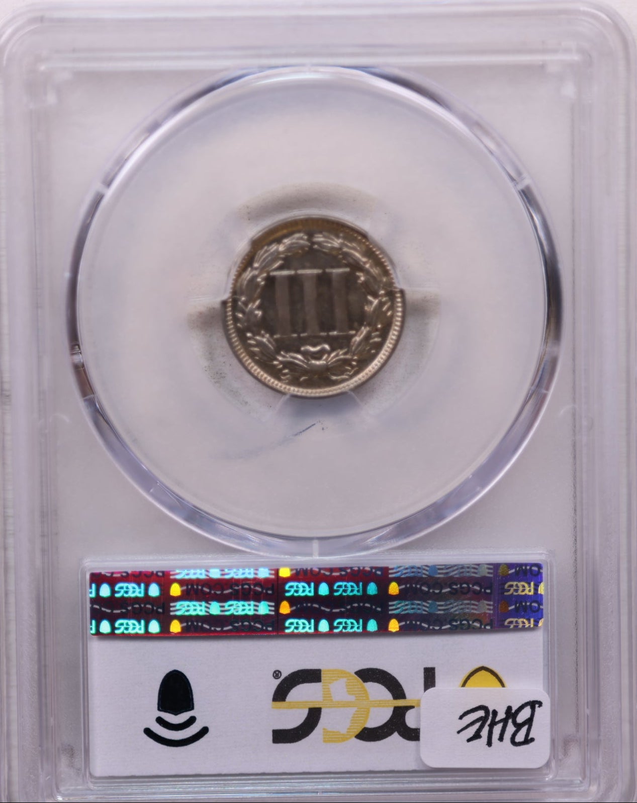1865 Three Cent Copper Nickel., Uncirculated., PCGS AU-58, Store #3C0004.