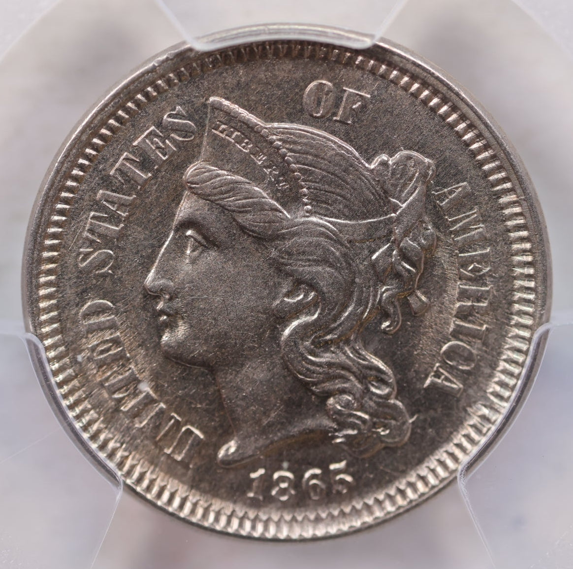 1865 Three Cent Copper Nickel., Uncirculated., PCGS AU-58, Store #3C0004.