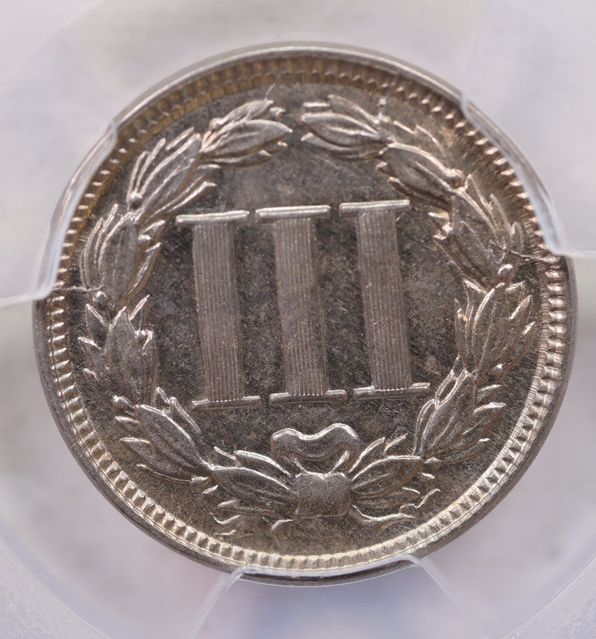 1865 Three Cent Copper Nickel., Uncirculated., PCGS AU-58, Store #3C0004.