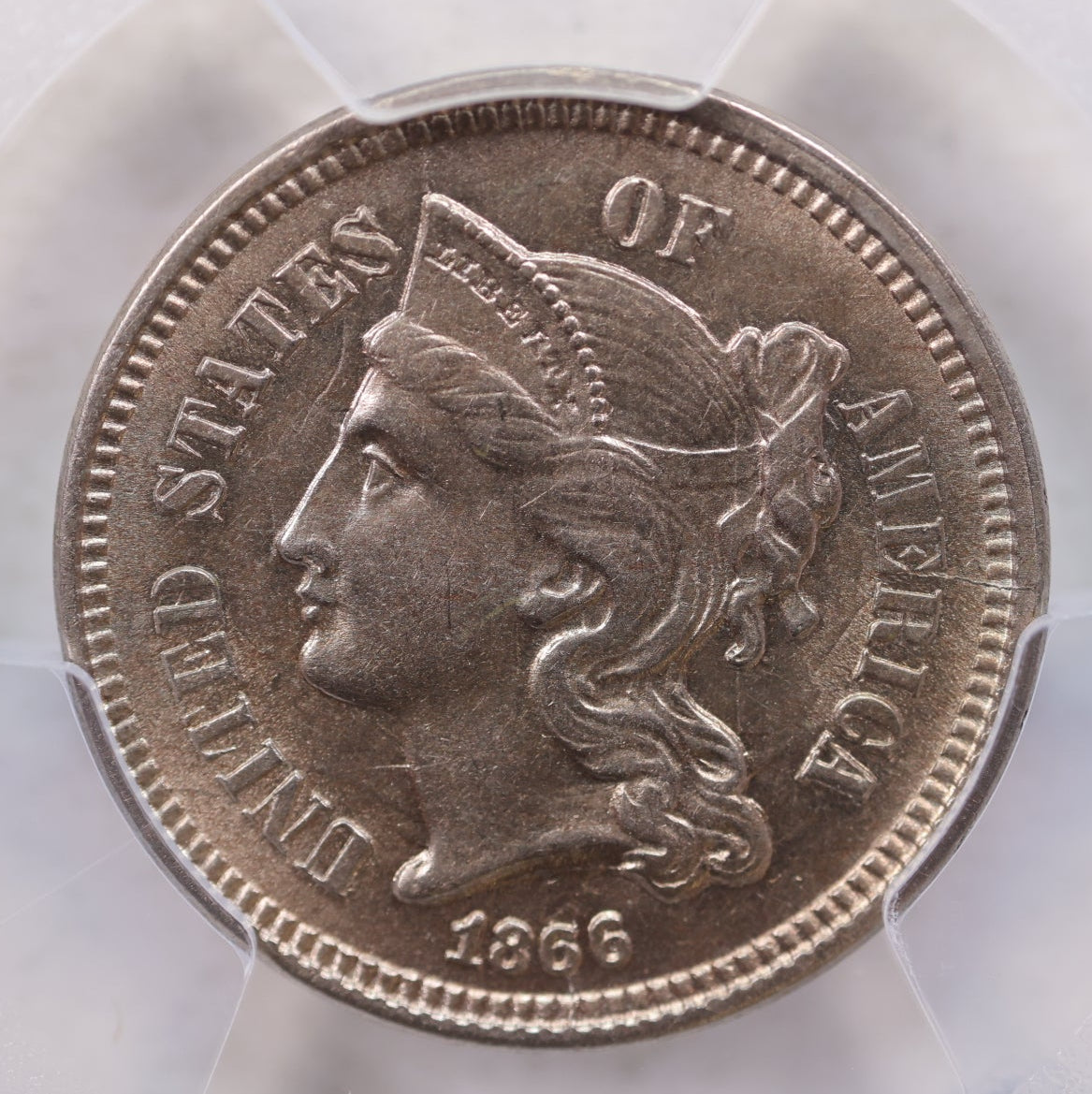 1866 Three Cent Copper Nickel., Uncirculated., PCGS AU-58, Store #3C0005.