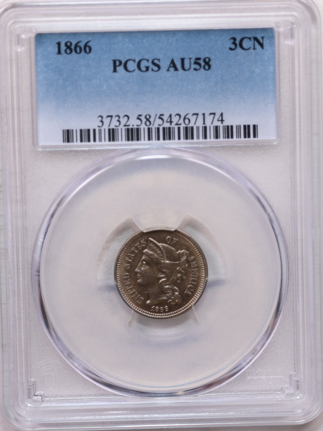 1866 Three Cent Copper Nickel., Uncirculated., PCGS AU-58, Store #3C0005.
