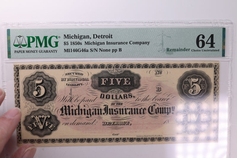 1850's $5., Obsolete Currency., Detroit, MI., PMG Graded CU-64., Store