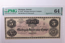 1850's $5., Obsolete Currency., Detroit, MI., PMG Graded CU-64., Store