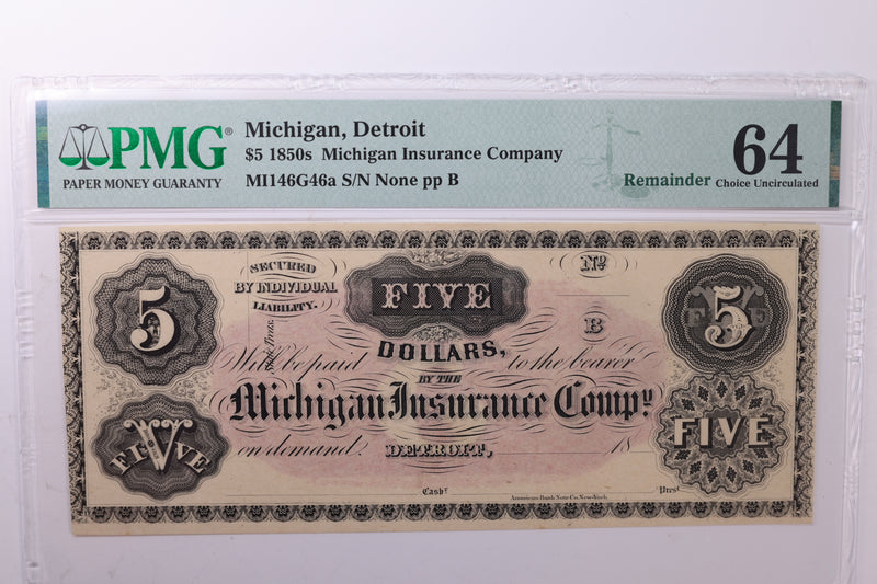 1850's $5., Obsolete Currency., Detroit, MI., PMG Graded CU-64., Store