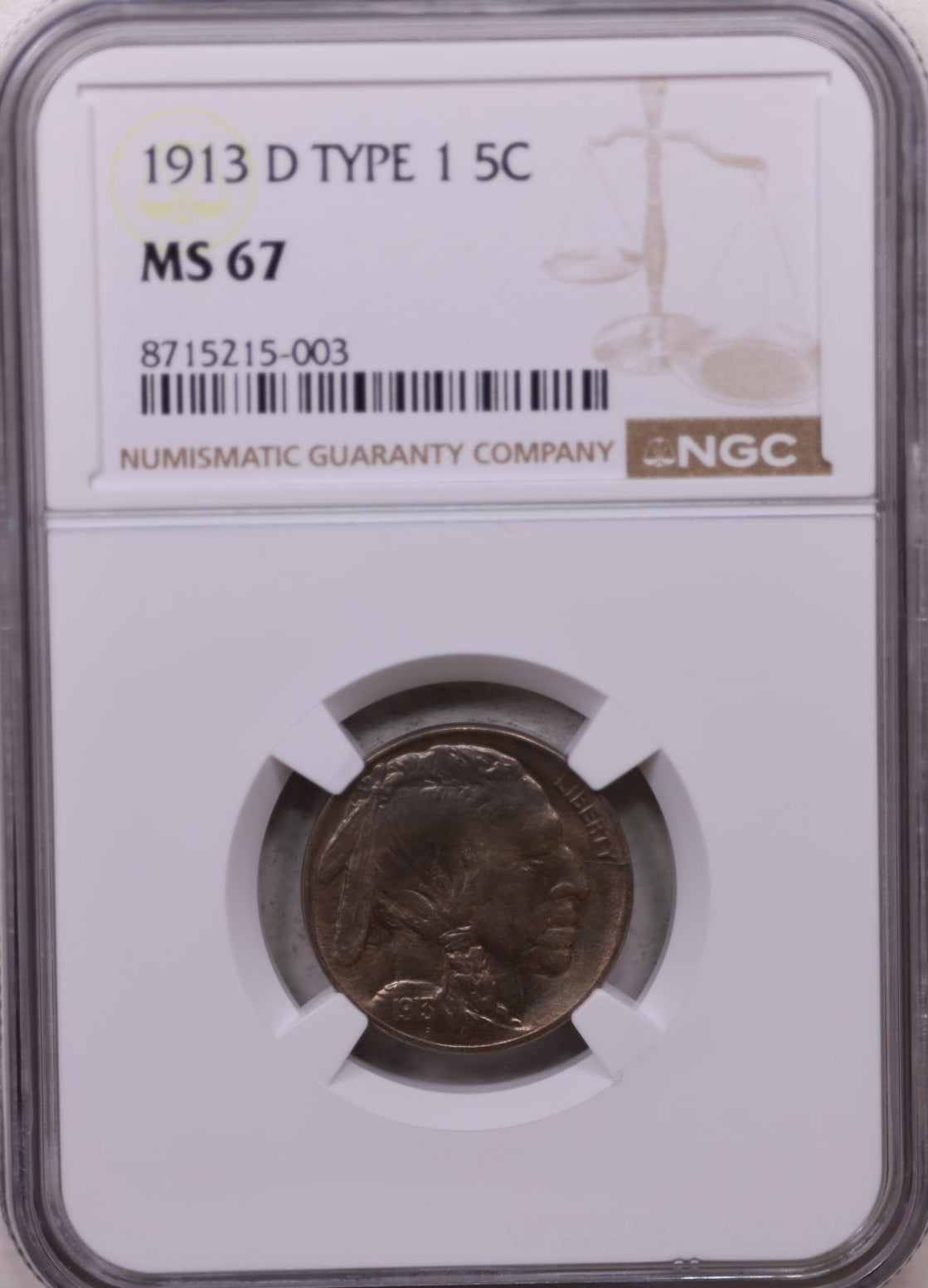1913-D Buffalo Nickel, Type-1, Gem Mint State, NGC MS-67, Store SALE #GNL025.