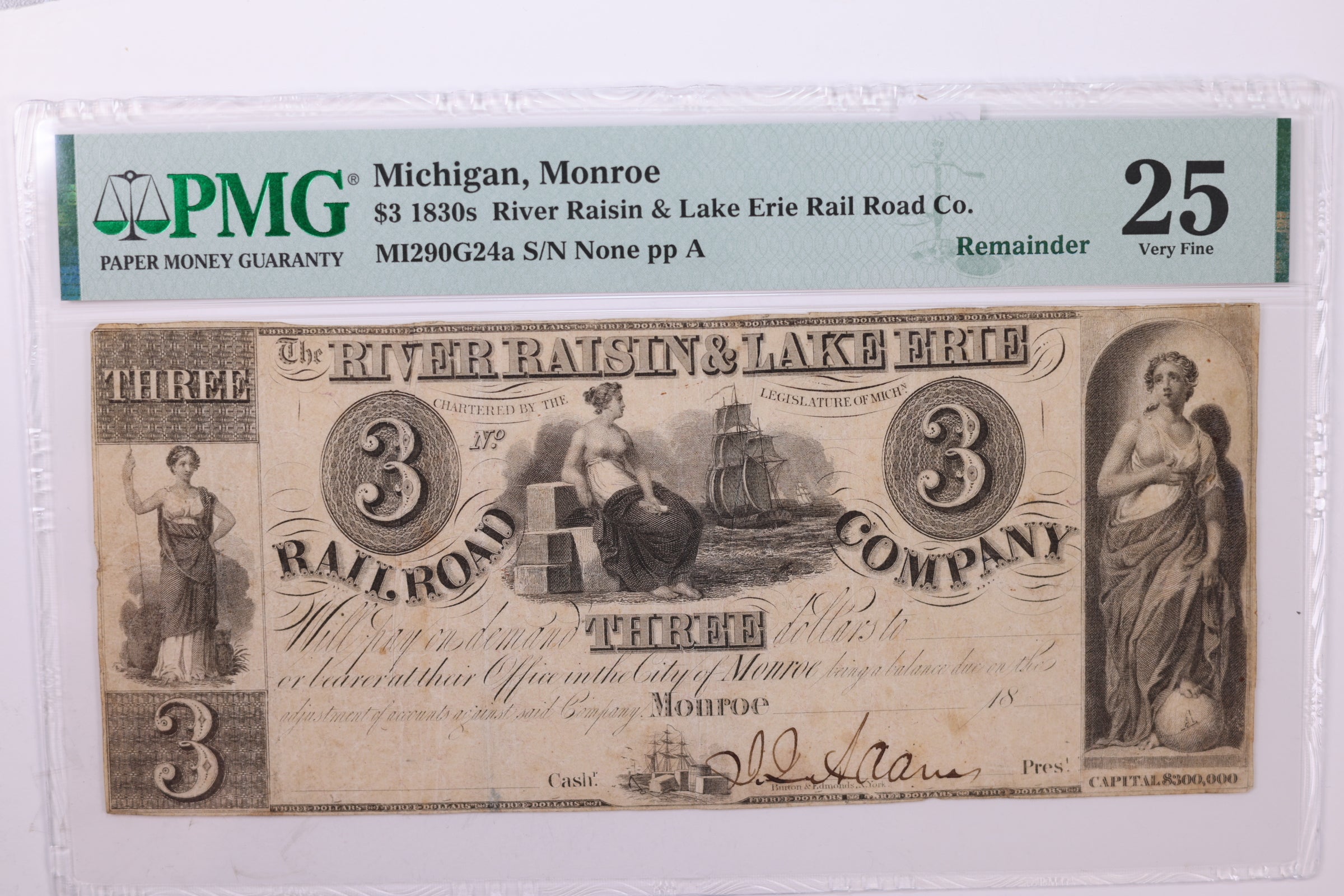 1830's $3., Obsolete Currency., Monroe, MI., PMG Graded VF25., Store #GMI010