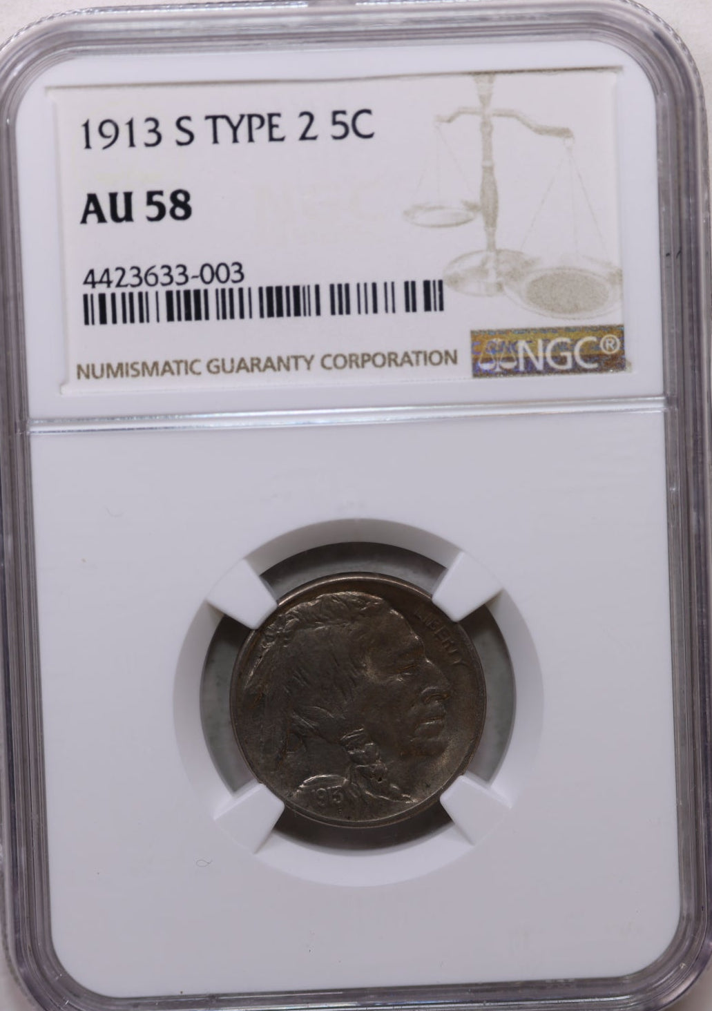 1913-S Buffalo Nickel, Better Collectible Date, NGC AU-58, Store SALE #GNL027.
