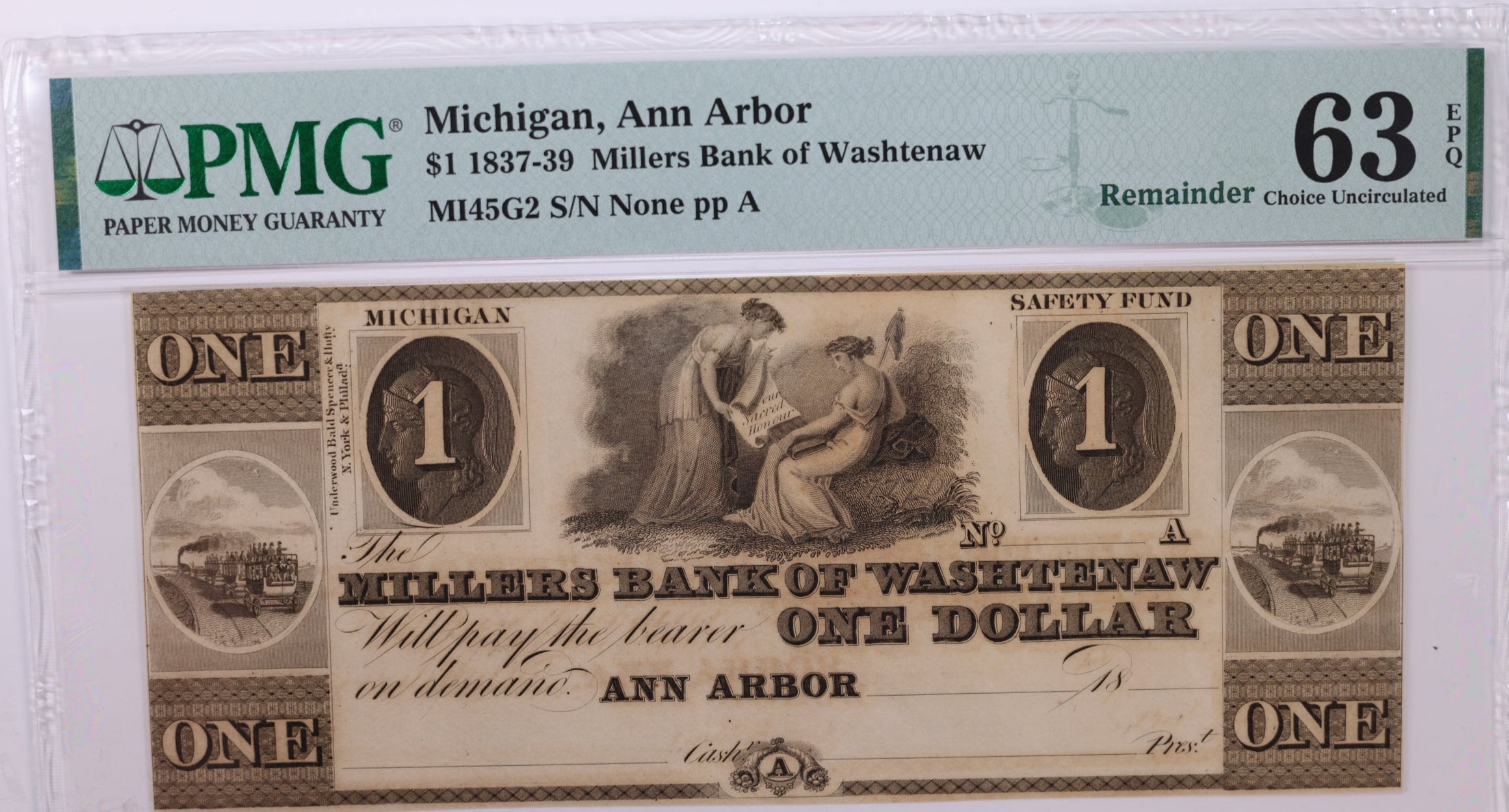 18__ $1., Obsolete Currency., Ann Arbor, MI., PMG Graded CU-63 EPQ., Store #GMI021