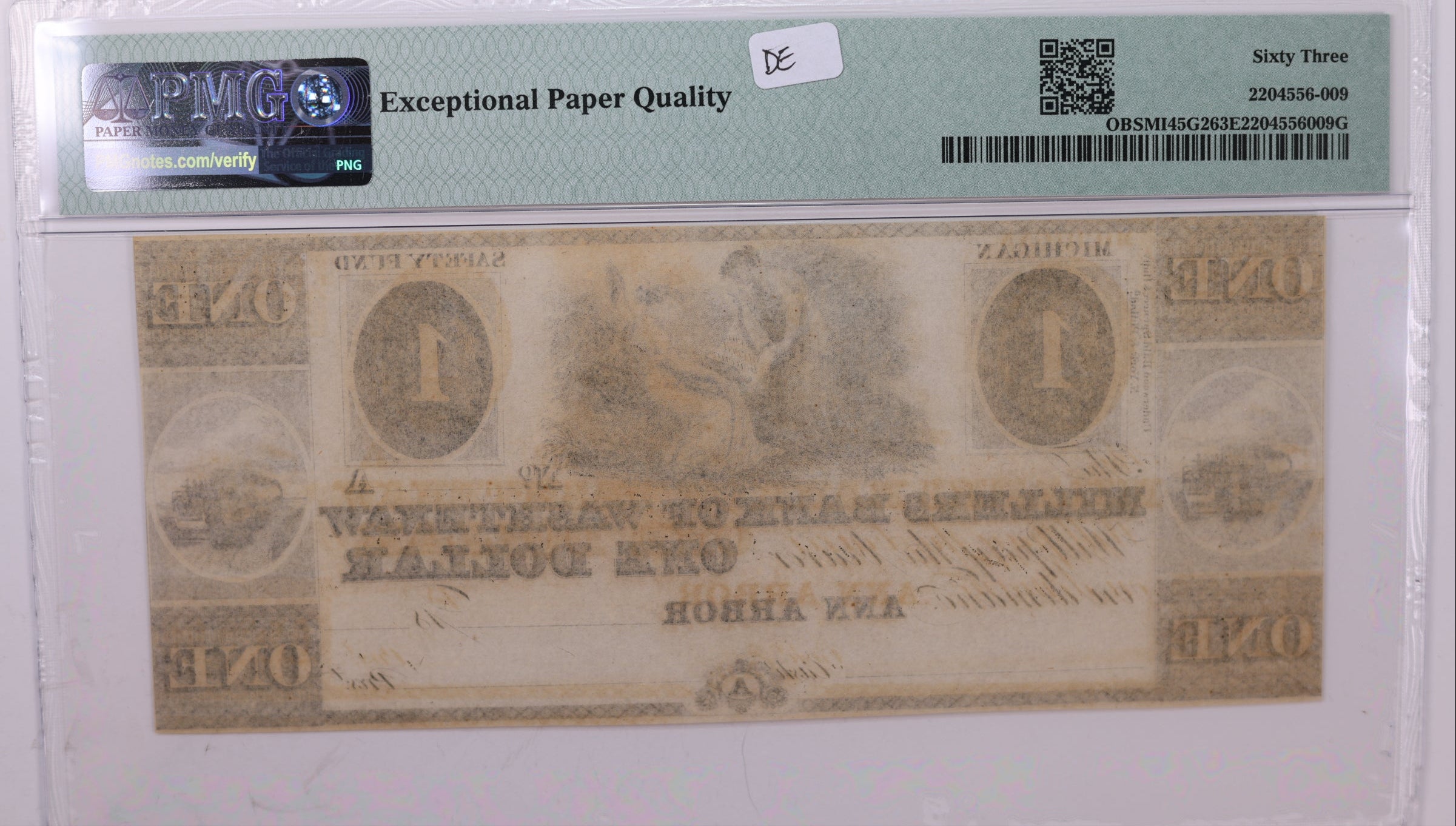 18__ $1., Obsolete Currency., Ann Arbor, MI., PMG Graded CU-63 EPQ., Store #GMI021