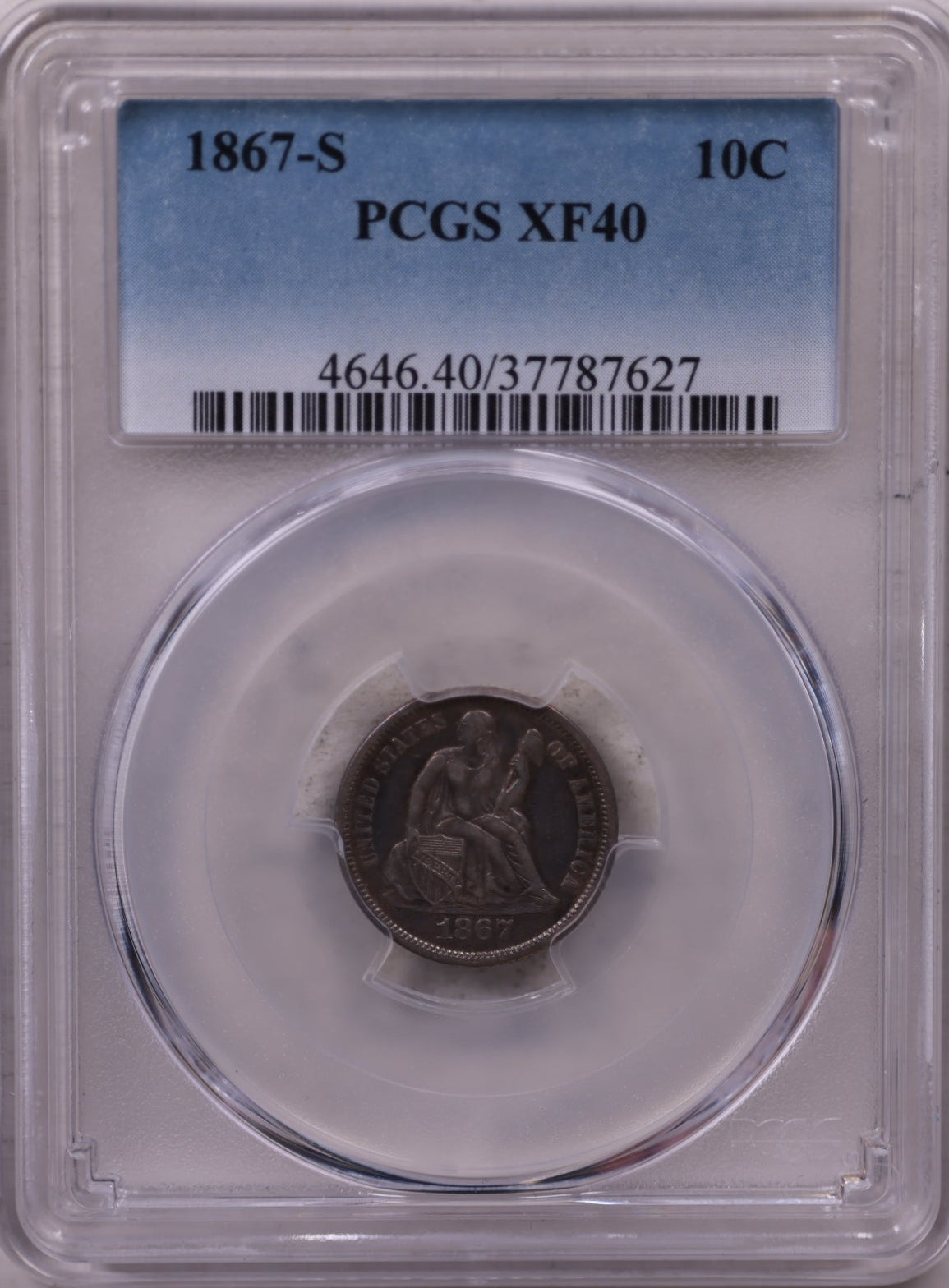 1867-S Seated Liberty Silver Dime, PCGS Certified XF-40, Store Sale #GDE006.
