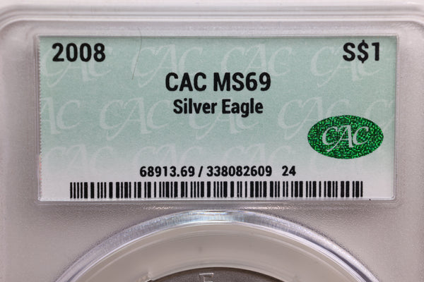 2008 American Silver Eagle, Business Strike, CAC MS69, Store SALE #AE0192.