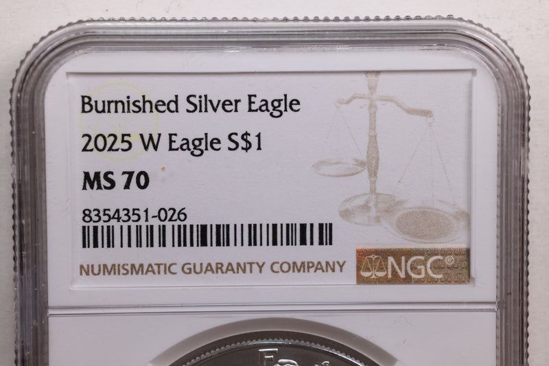 2025 American Silver Eagle, Burnished Strike, NGC MS-70, Store SALE