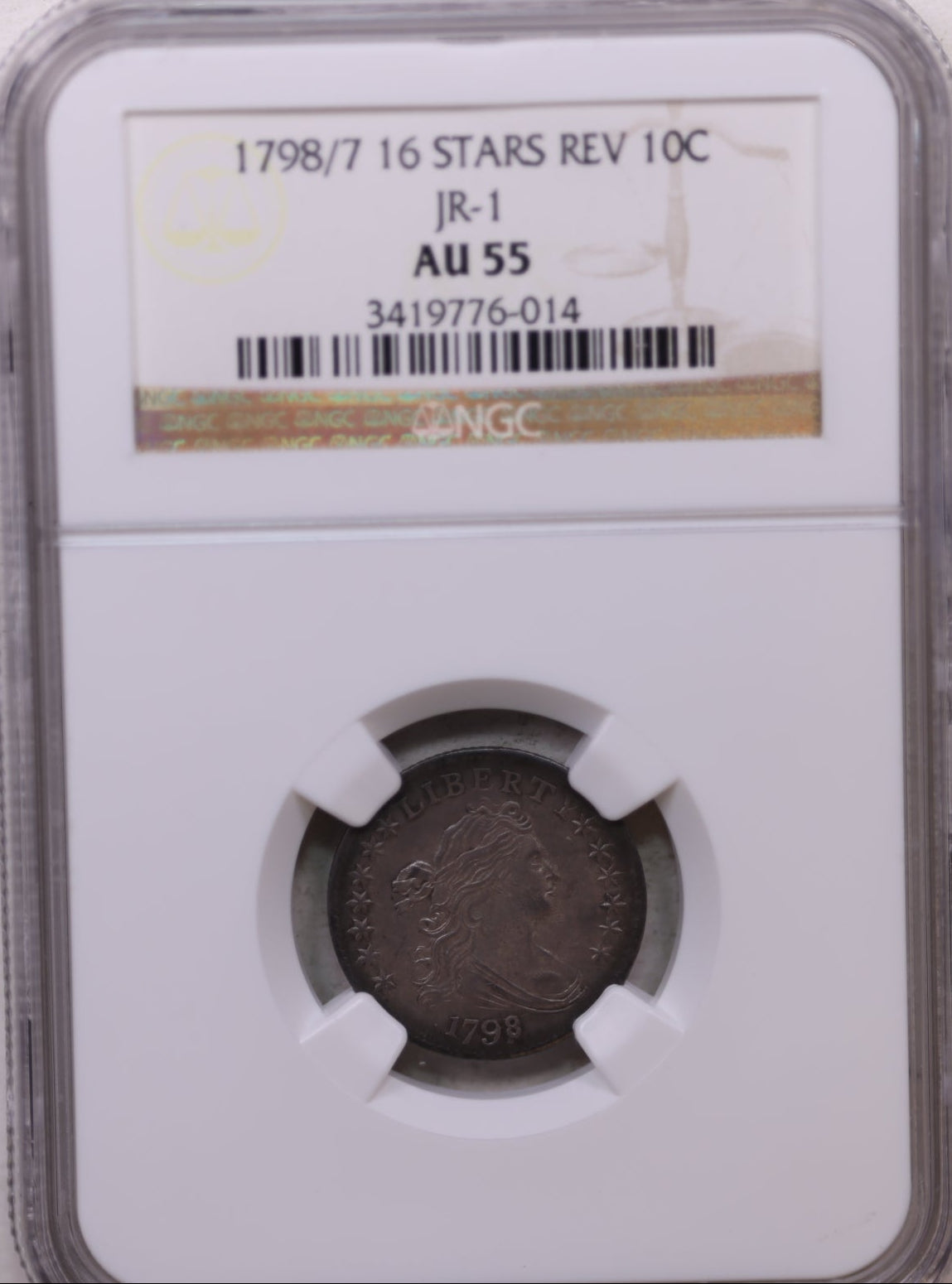 1798/7 Bust Silver Dime, Repunched Date with 16 Star's, JR-1, NGC AU55, Store #DE805