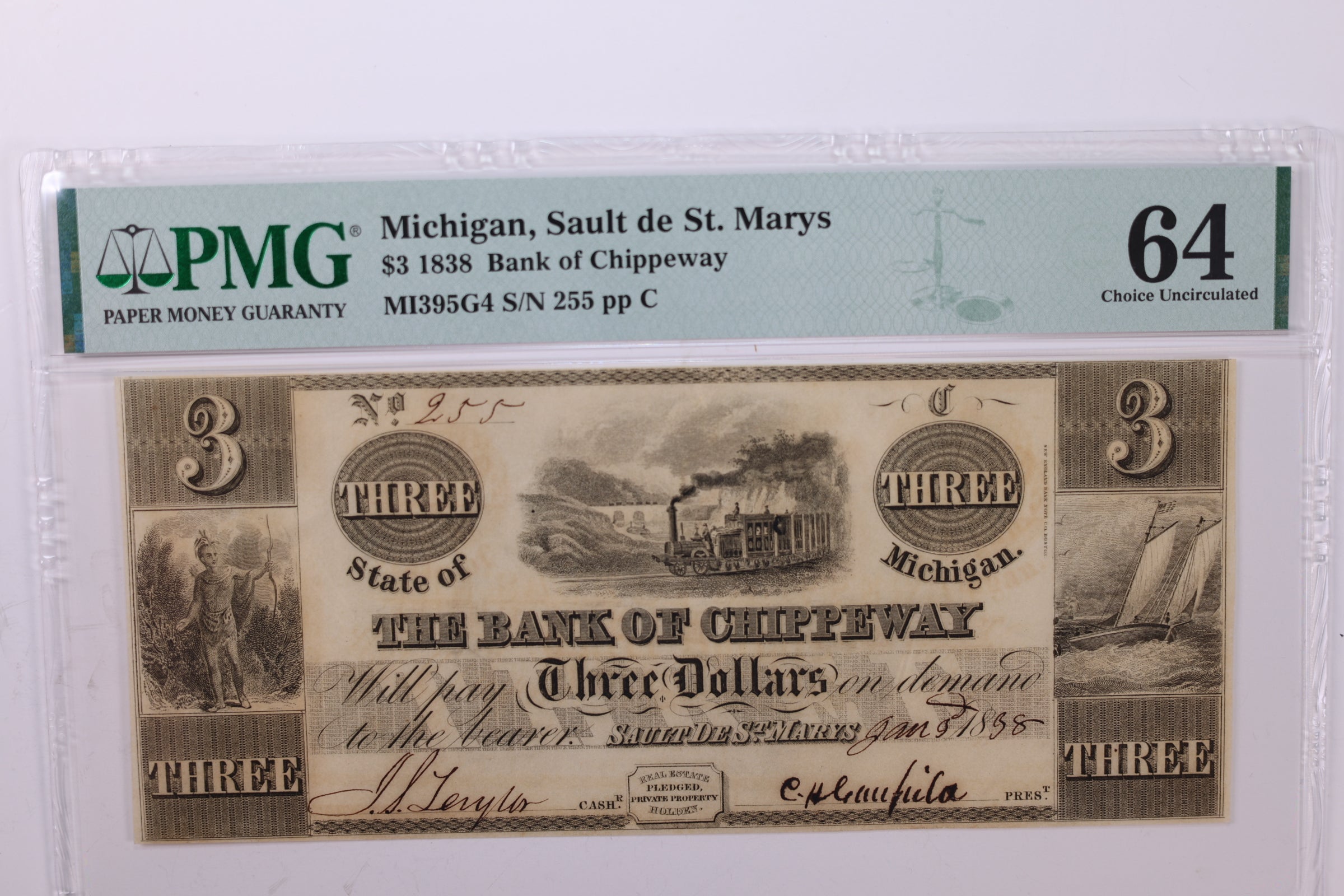 1838 $3., Obsolete Currency., Sault de St Mary's., PMG CU64., Store #GMI028