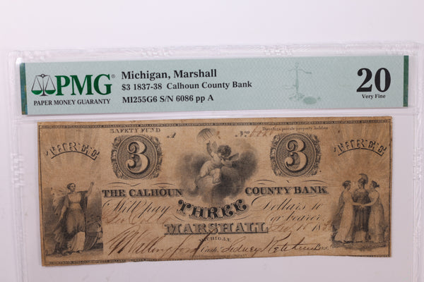 1838 $3., Obsolete Currency., Marshall, MI., PMG VF-20., Store #GMI029