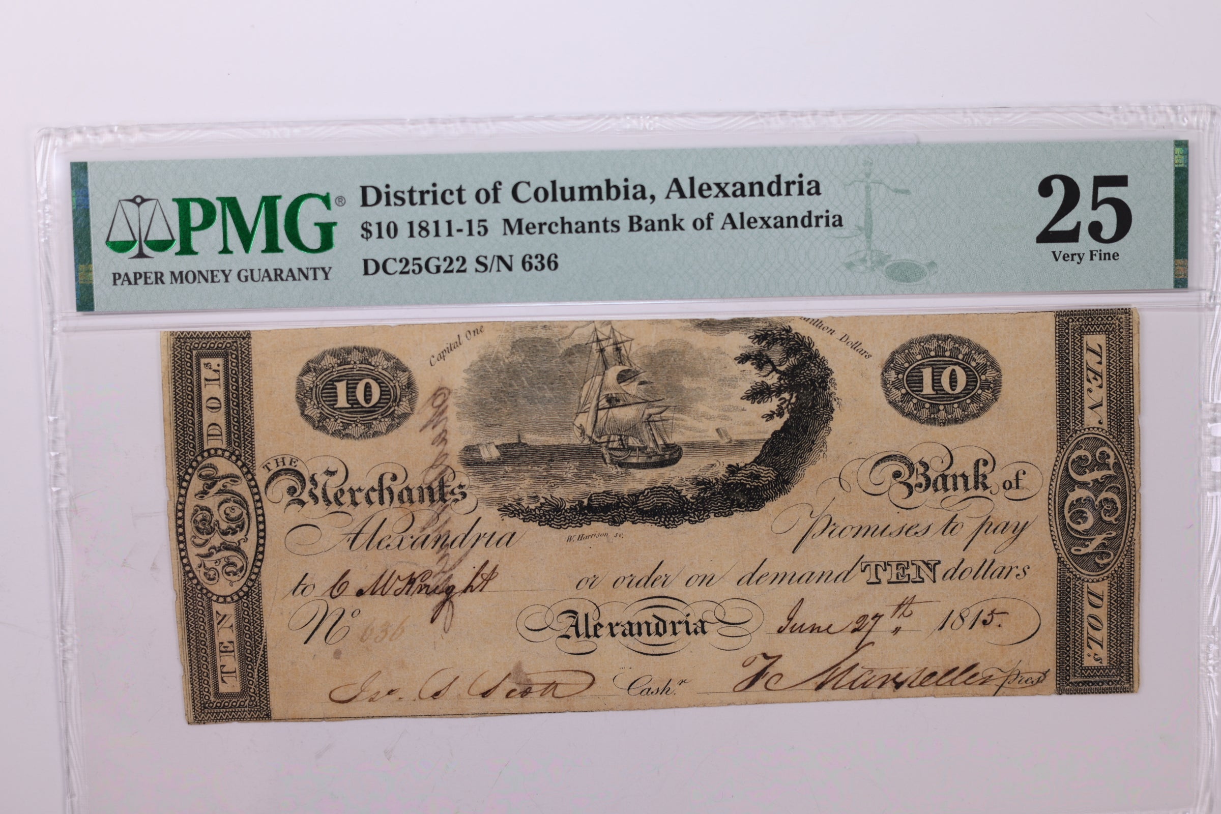 1815 $10., Obsolete Currency., Alexandria, D.C., PMG VF-25., Store #GDC004