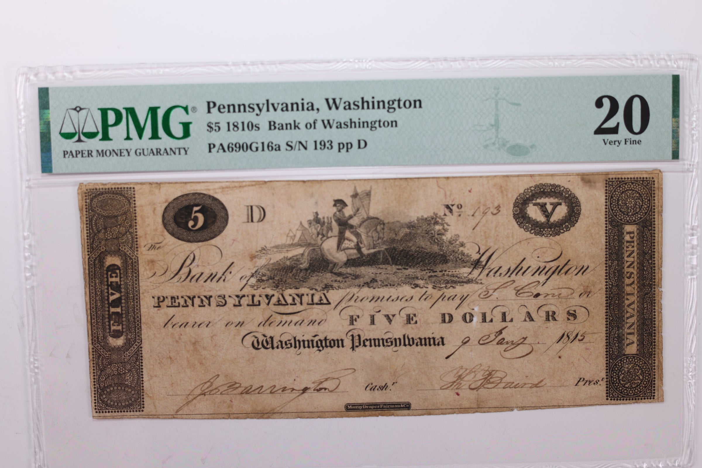 1815 $5., Obsolete Currency., Washington, PA., PMG VF-20., Store #GPA003