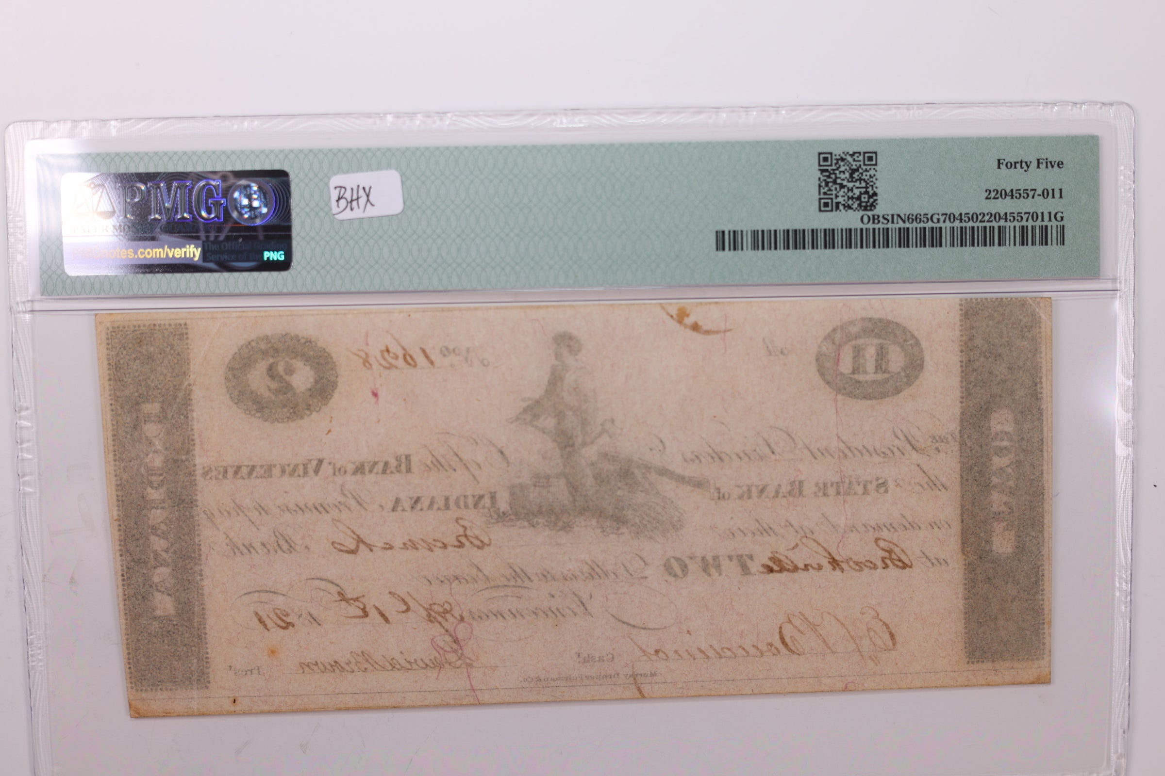 1821 $2., Obsolete Currency., Brookville, IN., PMG XF-45., Store #GIN003