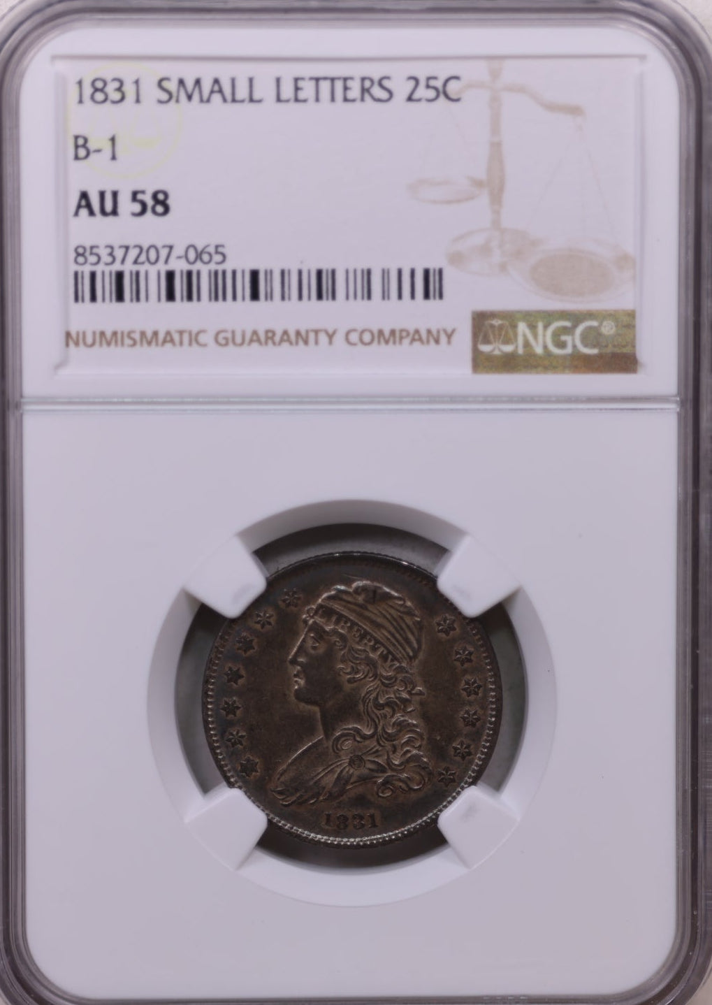 1831 Cap Bust Quarter, 'Small Letters', 'B-1', NGC AU-58. Store #GQR001.