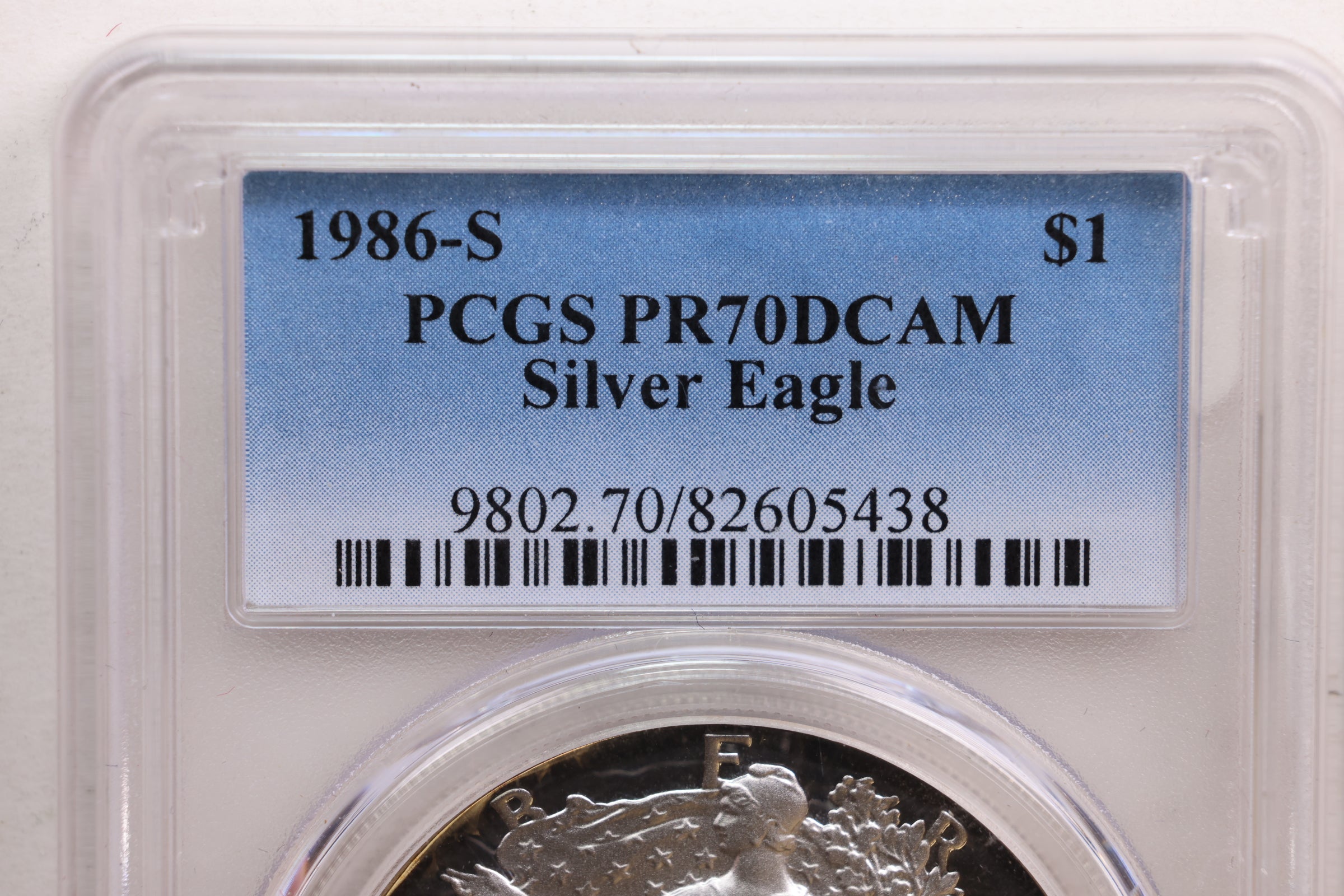 1986-S American Silver Eagle, Proof Strike, PCGS PR-70, Store SALE #AE0206.