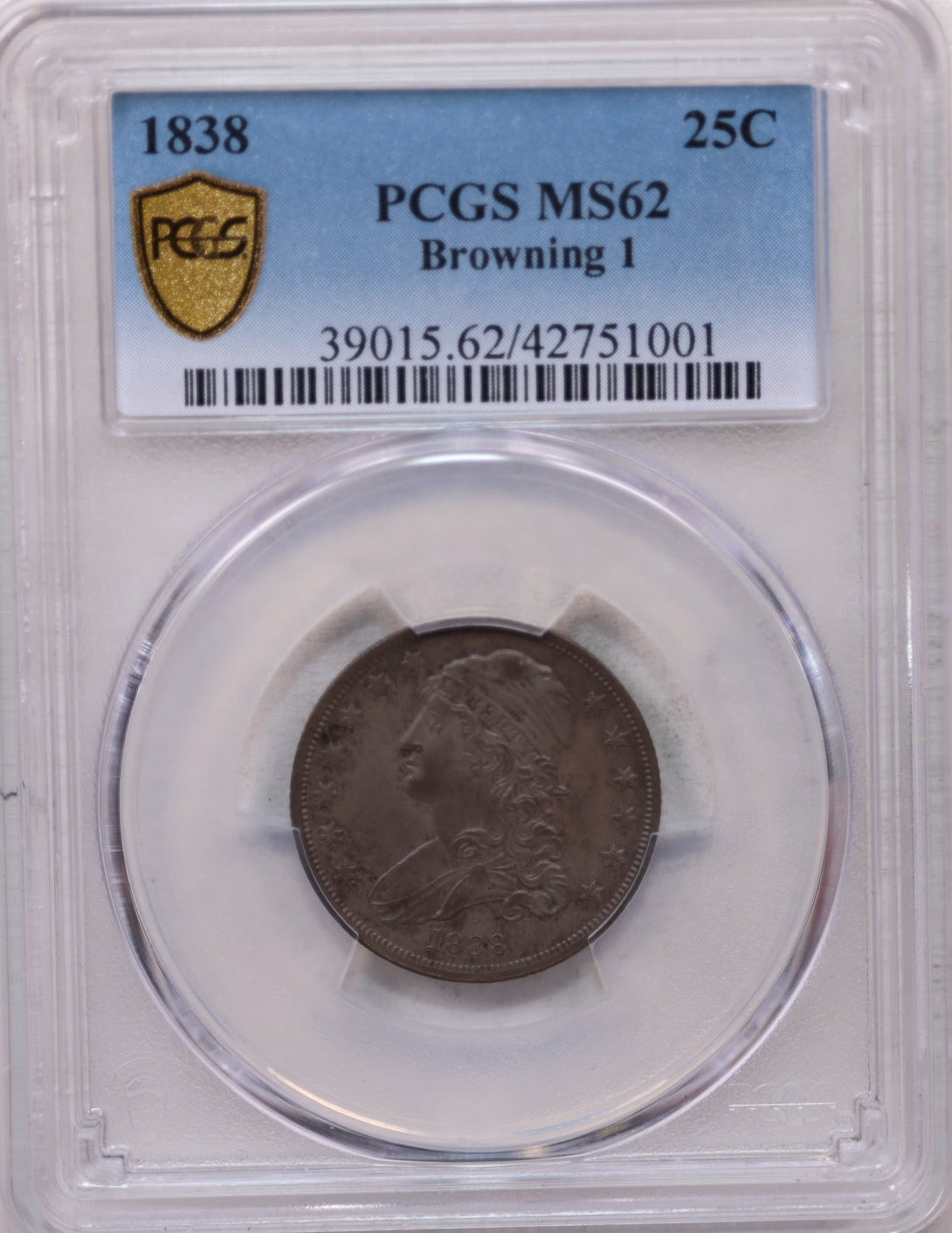 1838 Cap Bust Quarter, Browning-1, Mint State Coin, PCGS MS-62, Store #GQR004.