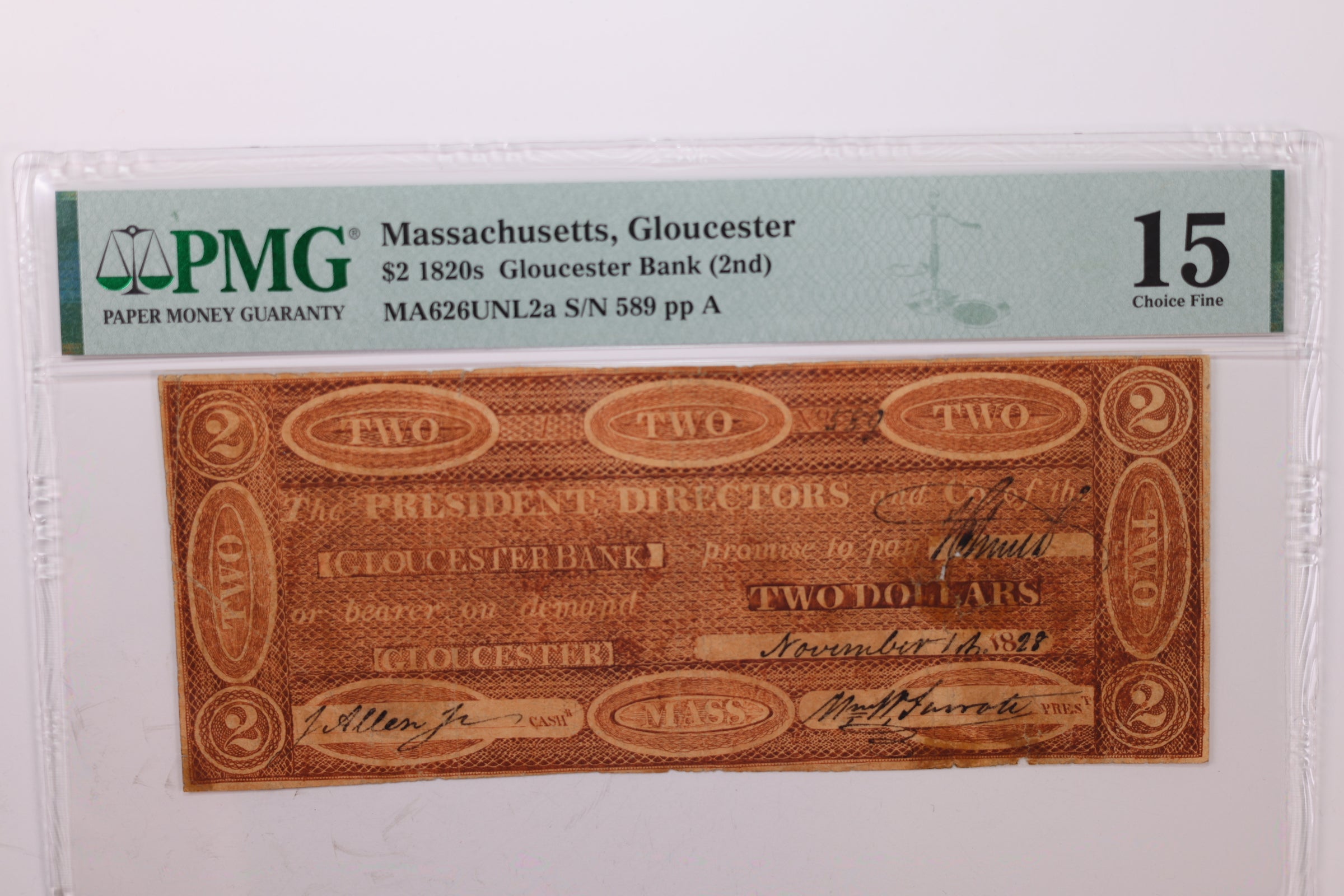 1828 $2., Obsolete Currency., Gloucester, MA., PMG F-15., Store #GMA002