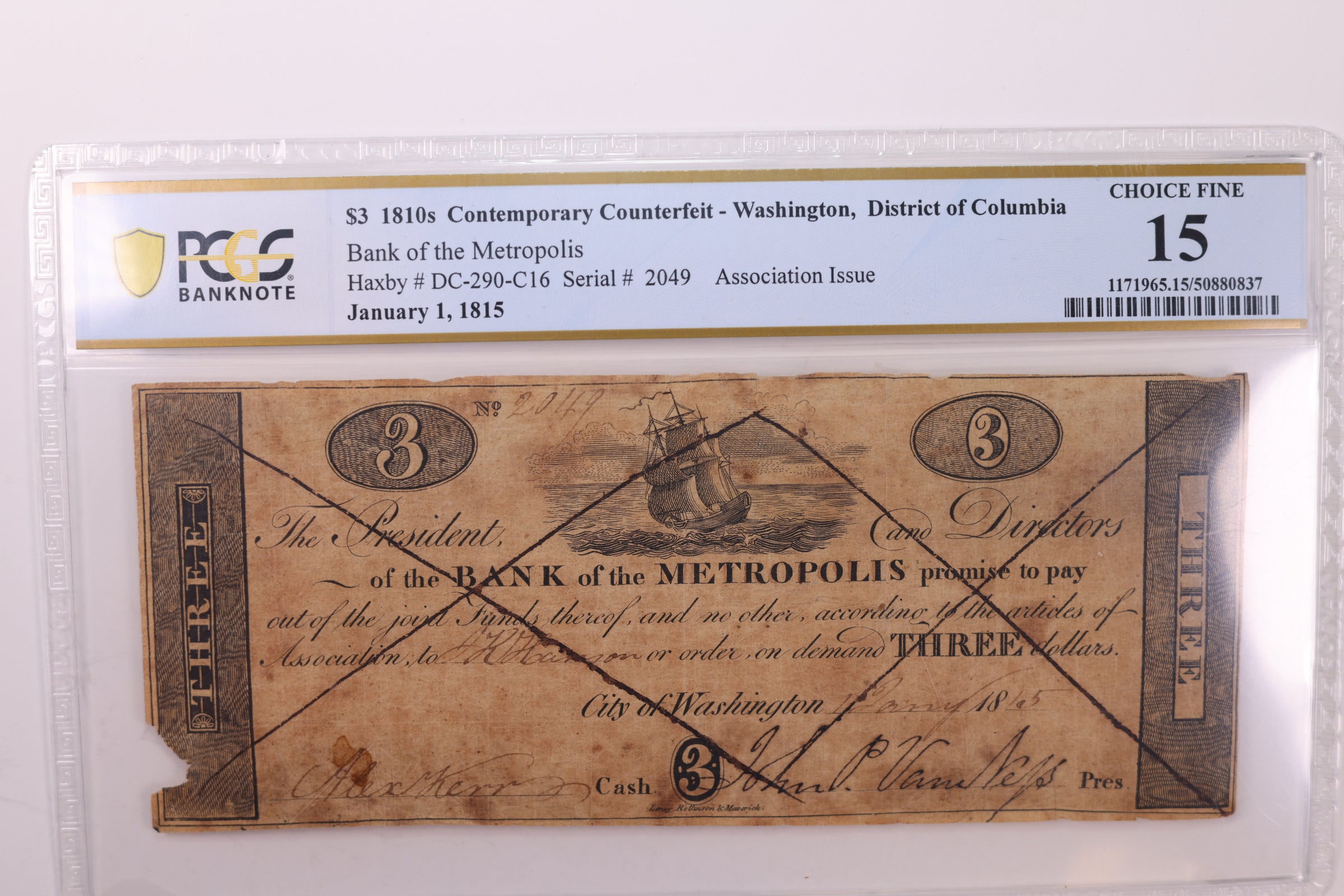 1815 $3., Obsolete Currency., Washington, D.C., "COUNTERFEIT"., PCGS F15., Store #GDC007