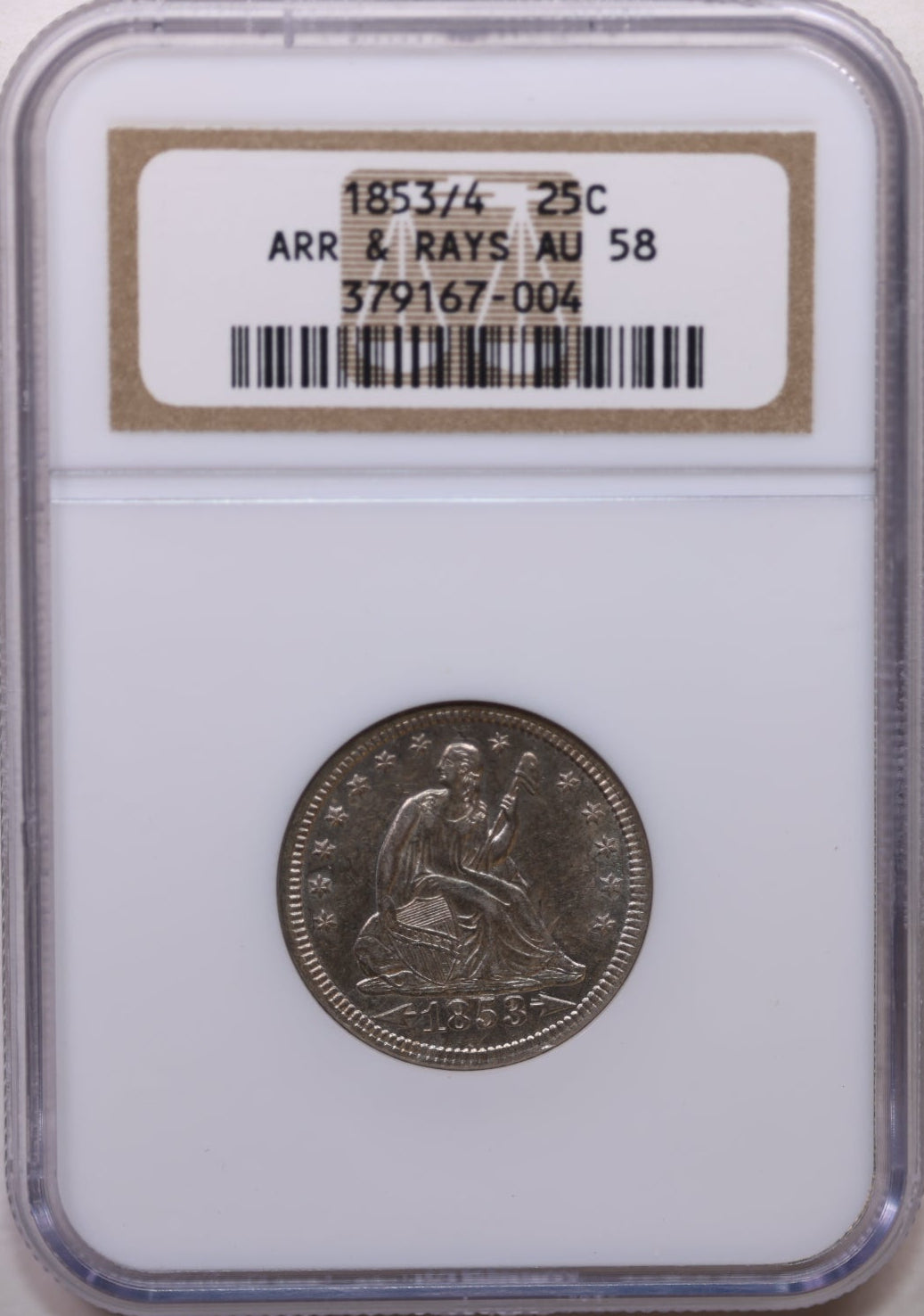 1853/4 Seated Liberty Quarter, 'Repunched Date', NGC AU58, Store Sale #GQR013.