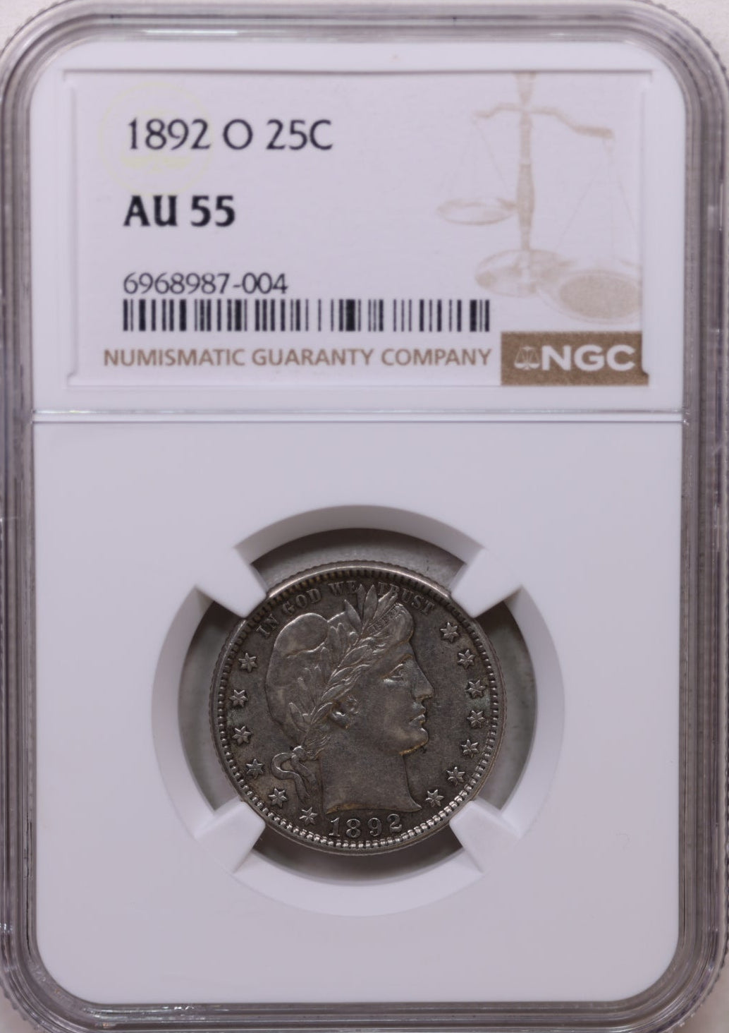 1892-O Barber Silver Quarter, Nice Eye Appeal, PCGS AU-55, Store Sale #GQR020.