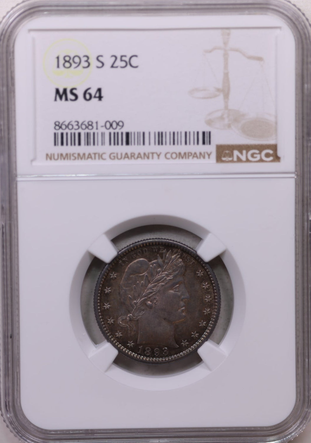 1893-S Barber Silver Quarter, Nice Eye Appeal, PCGS MS-64, Store Sale #GQR022.