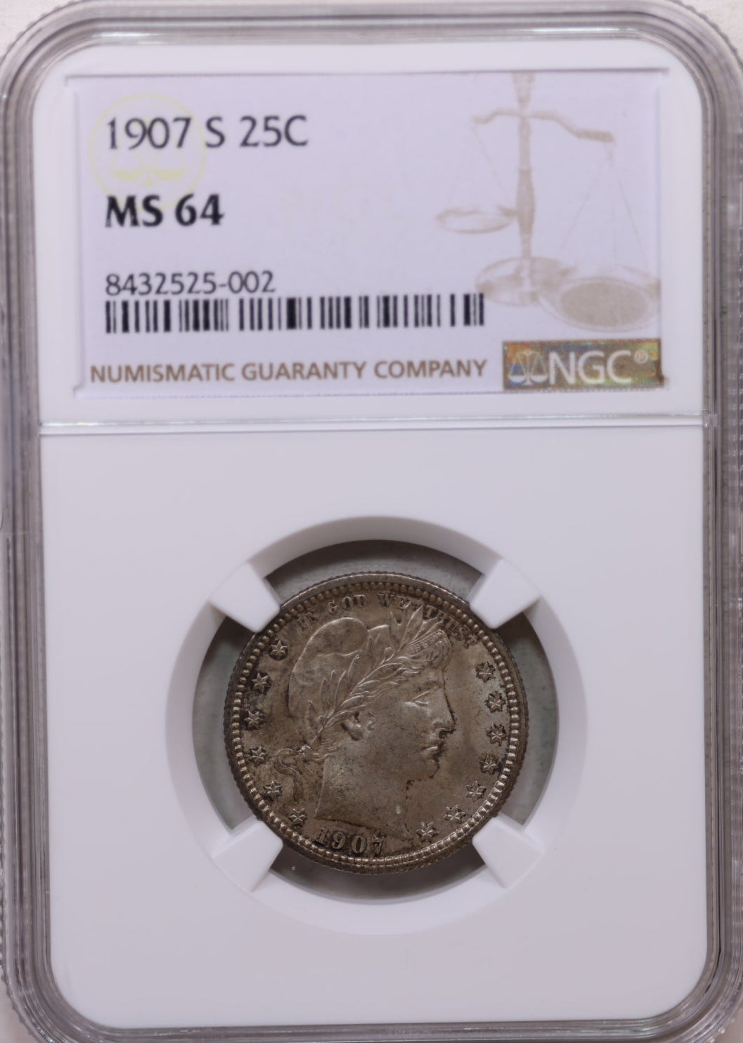 1907-S Barber Silver Quarter, Nice Eye Appeal, PCGS MS-64, Store Sale #GQR024.