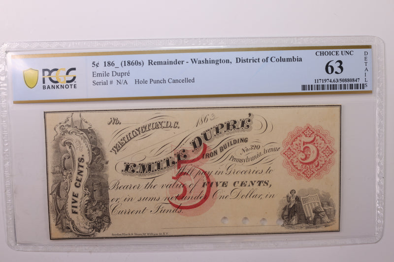 186_ 5 Cent., Washington, D.C., Obsolete Currency., PCGS CU63., STORE