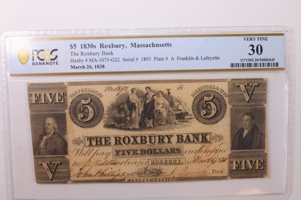 1838 $5., Roxbury, MA., Obsolete Currency., PCGS VF-30., STORE #GMA003