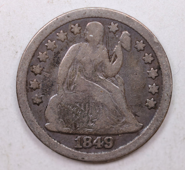 1849 Seated Liberty Dime, Collectible Circulated Coin, Store Sale #DE690.