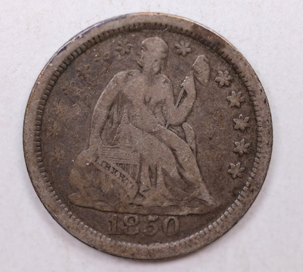 1850 Seated Liberty Dime, Collectible Circulated Coin, Store Sale #DE692.