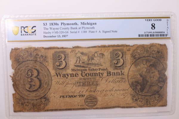 1837 $3., Plymouth, MI., Obsolete Currency., PCGS VG-8., STORE #GMI033