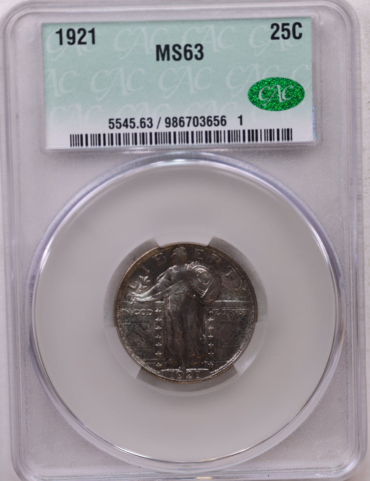 1921 Standing Liberty Silver Quarter, Toned!, CAC Grading MS63, Store# GQR029.