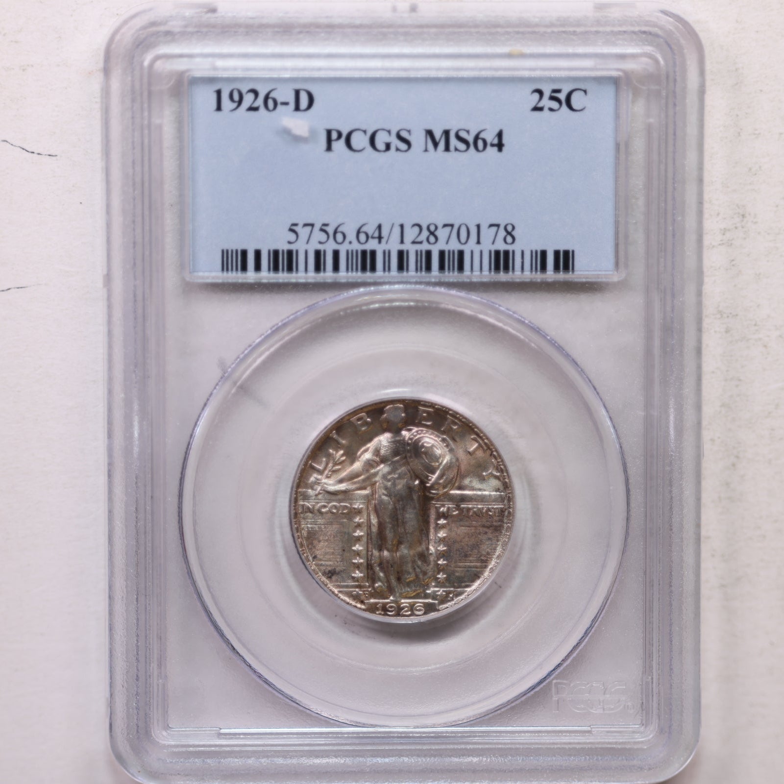 1926-D Standing Liberty Silver Quarter, WHITE!, PCGS Grading MS64, Store# GQR030.