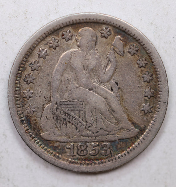 1853 Seated Liberty Dime, -No Arrows-, Circulated Coin, Store Sale #DE698.