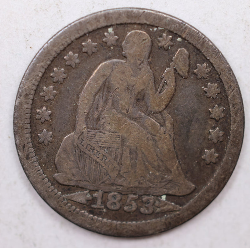 1853 Seated Liberty Dime, -With Arrows-, Circulated Coin, Store Sale