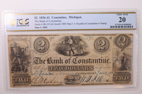 1841 $2., CONSTATINE, MI., Obsolete Currency., PCGS VF-20., STORE #GMI039